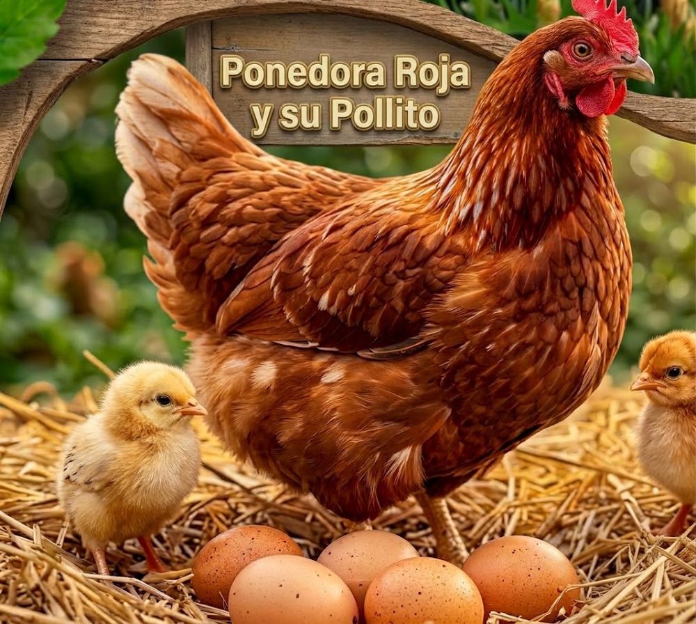 Gallina ponedora roja con sus pollitos y huevos